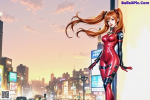 A woman in a red and black outfit standing in the middle of a city.