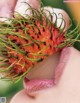 A close up of a person holding a rambutan in their hand.